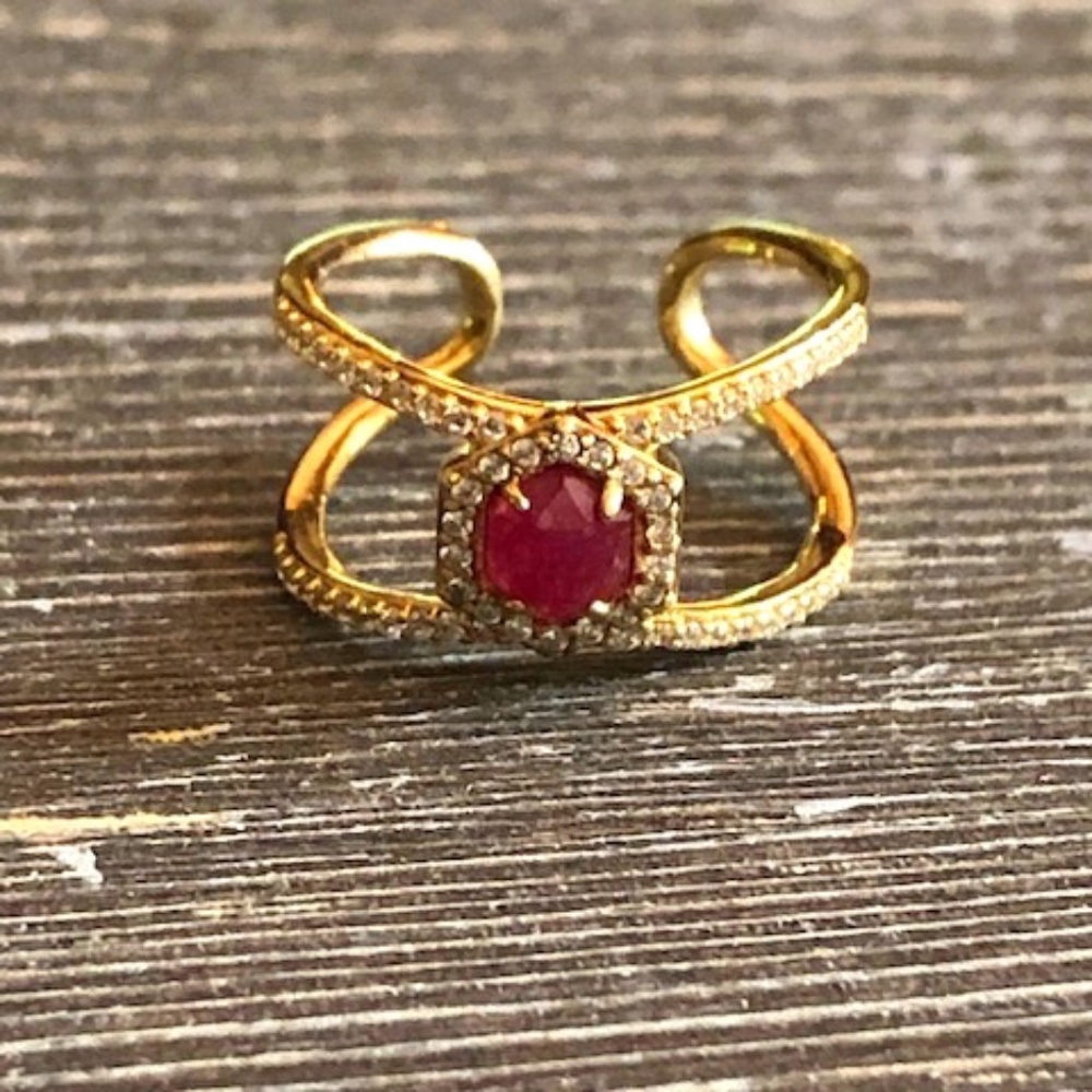 Hexagon Pave Ring in Gold/Purple Jade, Size 6/7
